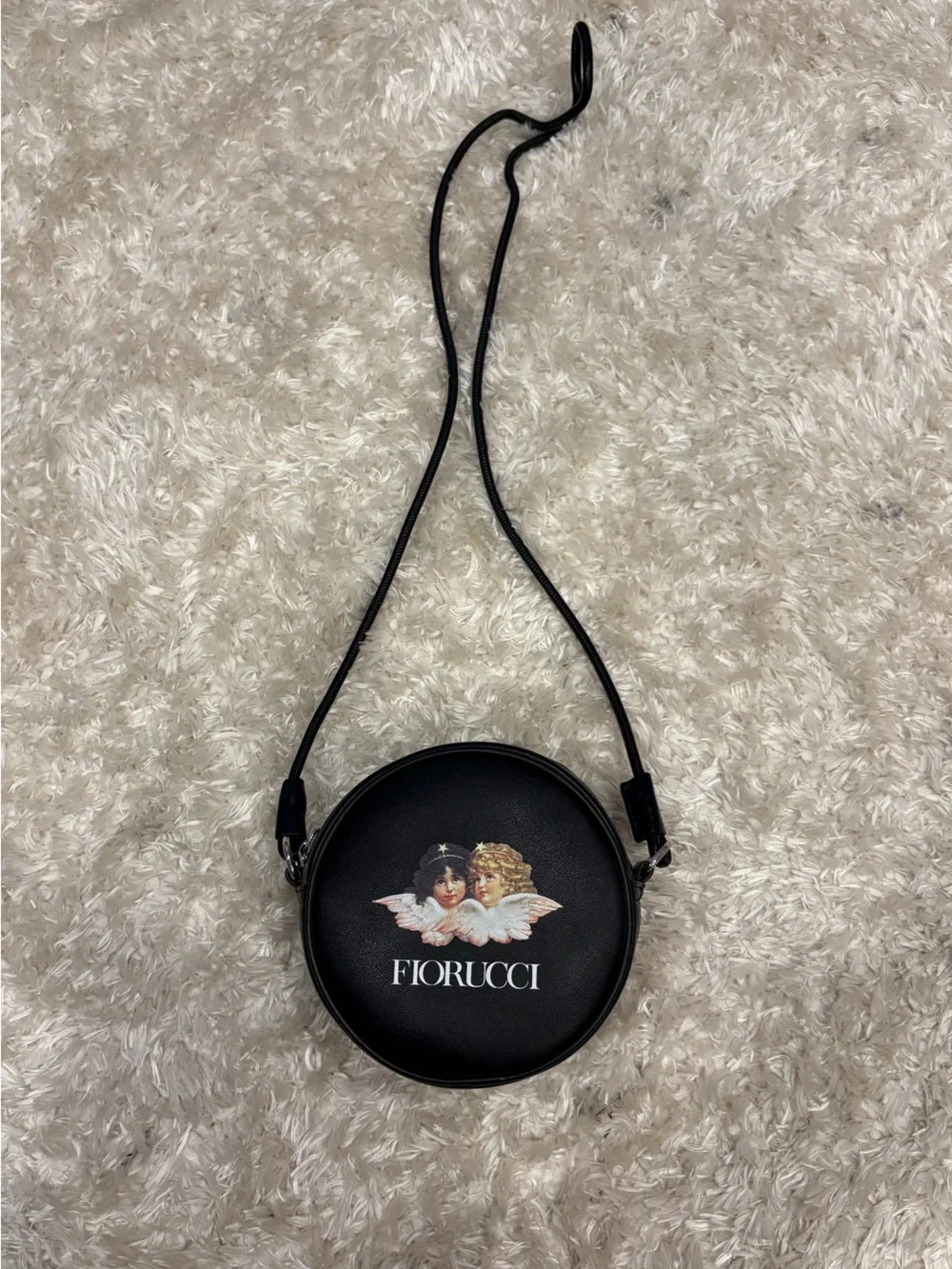 Fiorucci Black Round Crossbody Cherub Motif  Purse Crossbody Strap Leather
